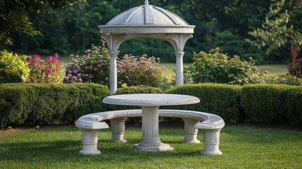 A large English garden with hedges, formal flower beds, and a classic stone bench under a gazebo 