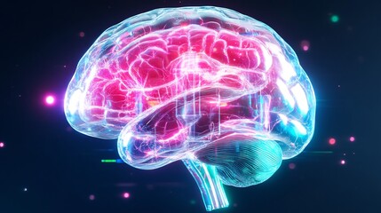Naklejka premium Vibrant 3D Render of a Glowing Human Brain, Digitally Illustrated in a Futuristic Style. AI Generated