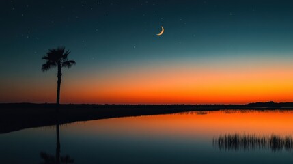 Fototapeta premium A serene sunset with a crescent moon reflecting on calm waters and a lone palm tree in the distance.