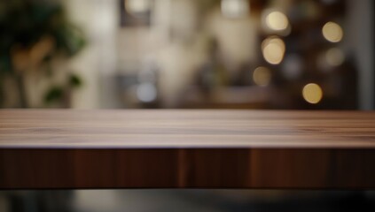 An empty wooden tabletop in a clean, bright interior with a bokeh effect, perfect for elegant product presentations or stylish showcases