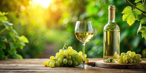 Fototapeta premium Fresh White Wine Bottle, Glass, and Grapes - Copy Space