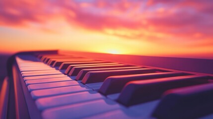 Fototapeta premium A surreal image where piano keys extend endlessly into a sunset sky, blending imagination with music,