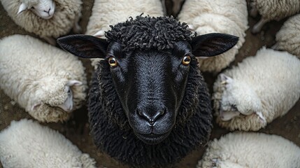 Naklejka premium Black sheep standing out from the crowd of white sheep