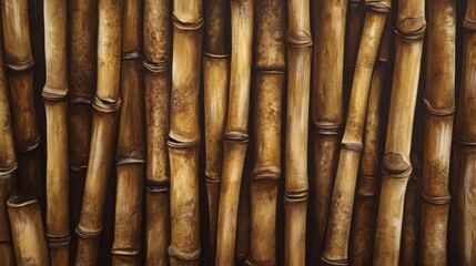 Fototapeta premium High-definition photography of bamboo stalks with intricate patterns and textures. Blurred background emphasizes blade-like leaves.