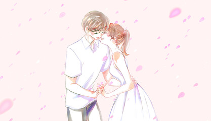 向かい合って手を繋ぐ幸せな男女　花吹雪