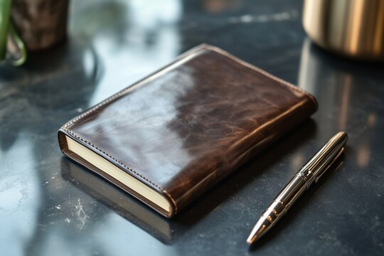 A luxury leather journal beside a sleek metallic pen on polished desk.