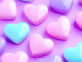 Fototapeta premium Colorful, glossy heart-shaped candies in pastel shades of pink and blue, scattered on a soft purple background.