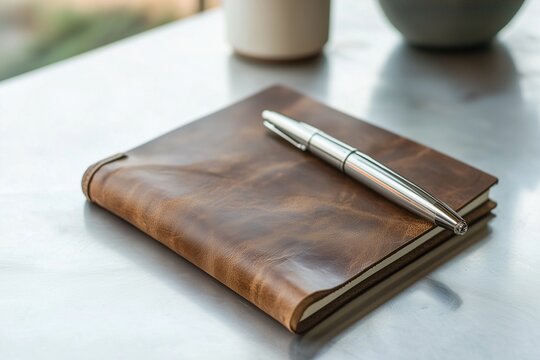 A luxury leather journal beside a sleek metallic pen on polished desk.