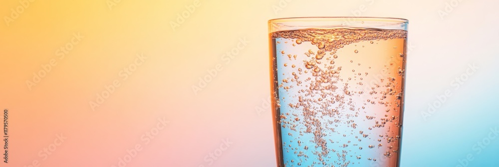 Poster refreshing sparkling water with rising bubbles in a glass against a vibrant gradient background, cre