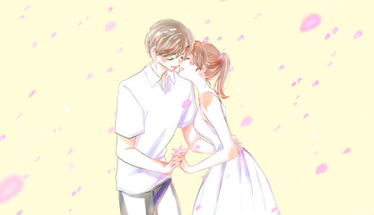 向かい合って手を繋ぐ幸せな男女　花吹雪