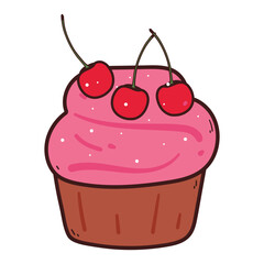 cute hand drawing cartoon strawberry cupcake with cherry on it. cute dessert cartoon sticker