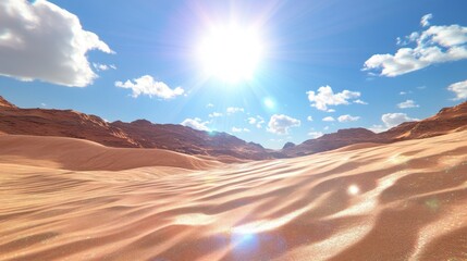 Fototapeta premium Golden Sand Dunes under Bright Sun, vast desert landscape showcasing intricate dune patterns, warm golden hues, serene and expansive atmosphere