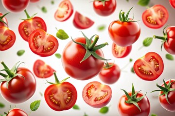 Fototapeta premium Flying Tomato Slices, Isolated White Background - Fresh Food Photography