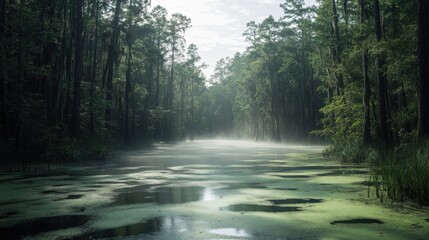 Obraz premium Misty Swamp River Scene Cypress Trees, Spanish Moss, Green Algae