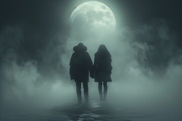 Romantic young couple walking under night sky with moon