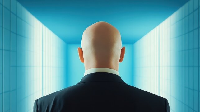 A bald man in a suit stands facing a brightly lit corridor, evoking a sense of mystery and anticipation.