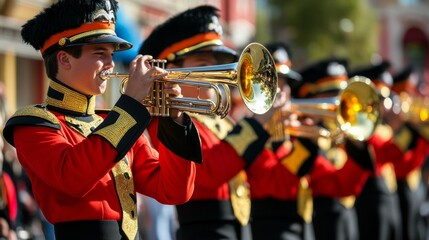 A vibrant marching band scene featuring a line of trumpet players in uniform, performing during a parade,