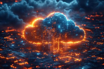 innovative cloud computing technology concept with 3d digital circuit board and floating ethereal blue cloud, representing data storage solutions