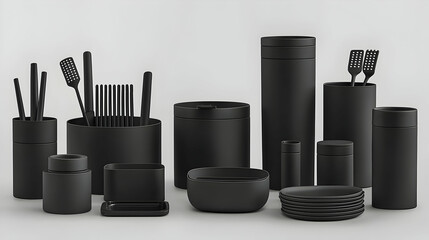 Obraz premium Black kitchenware set against neutral background, showcasing utensils, containers, and dishes; ideal for minimalist homeware catalogs.