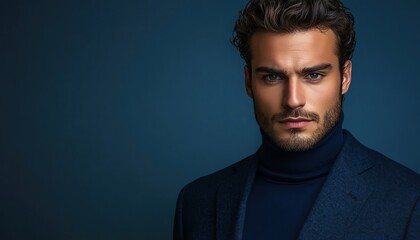 Fototapeta premium Man in dark blue suit and turtleneck serious expression deep blue background studio lighting