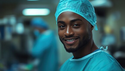 Surgeon with a smile, operating room blue, healthcare professional, hopeful gaze