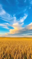 Naklejka premium Expansive Golden Wheat Field Under a Bright Sky with White Clouds, Capturing the Serene Beauty of Agricultural Landscapes and Rural Scenery