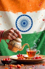Indian Republic Day concept in national colours. Indian spices turmeric, cardamom, coriander, cumin, cloves, chilli, curry leaves stacked horizontally on blurred background of Indian flag