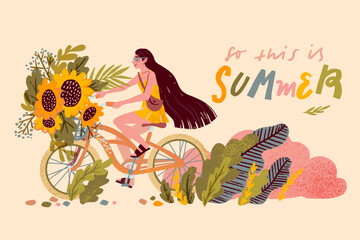 Cute pedaling female bicyclist. Flat cartoon vector illustration.