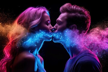 Romantic young couple kissing in smoke around