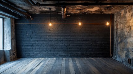 A spacious room with a rustic charm and industrial details.
