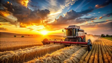 Fototapeta premium Golden Wheat Harvest: Combine Harvester at Work in Rural Field