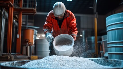 Industrial Worker Handling White Granular Material in Factory