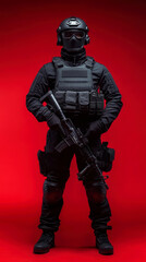 Naklejka premium SWAT Team Member in Full Black Tactical Gear Poses With Weapon Against Red Background