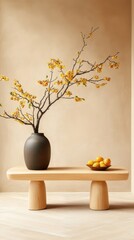 Minimalist Interior with Wooden Table, Stylish Vase, Yellow Flowers, and Fresh Oranges in a Calm Space