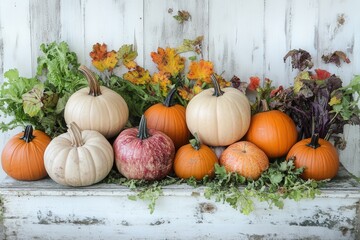 Thanksgiving harvest arrangement showcasing pumpkins and seasonal vegetables on a rustic wooden backdrop for cozy autumn-themed decorations and inspiration