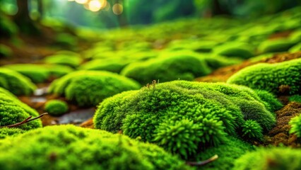 Detailed closeup of a lush green moss ground texture; a vibrant forest floor spring scene.