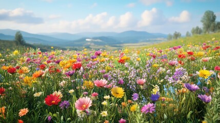 Obraz premium Vibrant spring meadow of wildflowers in a scenic rural landscape