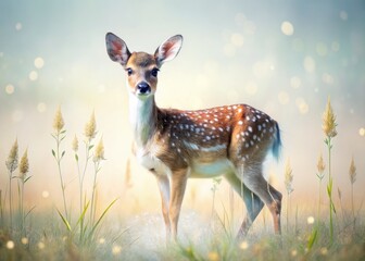 Fototapeta premium Double exposure merges spotted fawn and tranquil plains, creating surreal wildlife art.