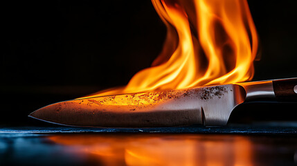 A knife with flames rising from its blade, showcasing intensity and culinary artistry.