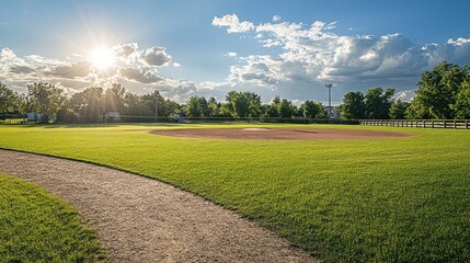 A picturesque rural baseball field with a small wooden fence, lush green grass, and a big blue sky 