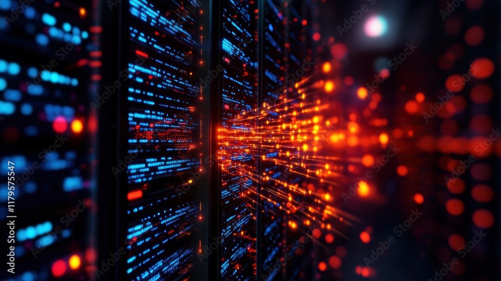 Poster hightech server room filled with multiple racks of servers glowing with lights creating a futuristic