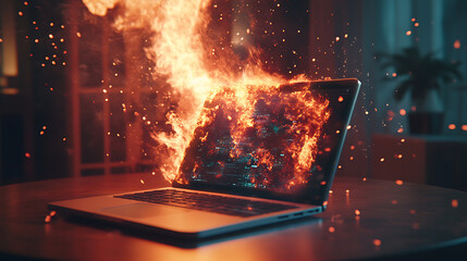 A laptop engulfed in flames, representing a technological failure or hazard.