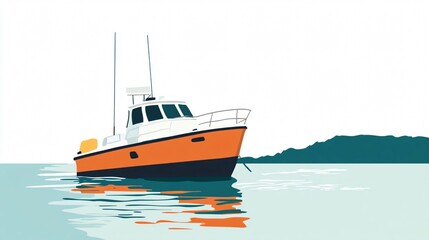 Fototapeta premium Orange and White Fishing Boat on Calm Ocean: A Serene Seascape