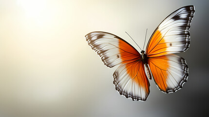 Obraz premium Radiant orange and white butterfly gracefully flying on a shadowless background. Shadowmoss. Illustration