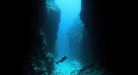 Diver Descending into the Ocean Abyss.