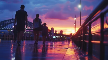 Fototapeta premium A serene evening stroll by the waterfront, vibrant colors of sunset over the city skyline, creating a peaceful atmosphere.