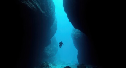 Diver Descending into the Ocean Abyss.