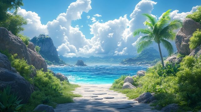 Tropical beach path with lush greenery and blue ocean view. Generative AI