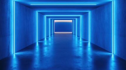 Blue Neon Corridor, Futuristic Concrete Tunnel, Glowing Lights, Empty Space, Background Design
