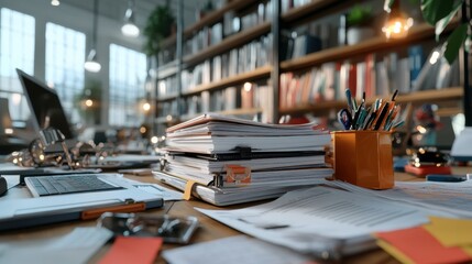 Organized Workspace with Laptop and Piles of Papers Creating a Productive Atmosphere for Creative and Professional Tasks